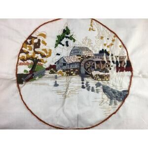 Sunset Crewel Kit Fall Mill Pond Partially Finished Fall Autumn Landscape 1970s